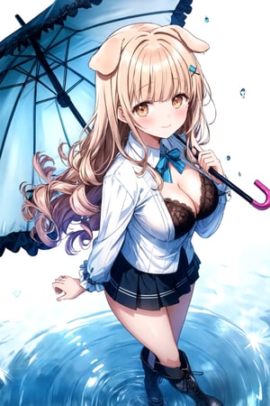 lace bra, long hair,curly hair, (folded dog ears: 1.1), best quality, masterpiece, highres, 1girl,  Mahiru Shiina, intricate details, hairpin, looking slightly shyly to the side, dynamic angle, from side, from above, 1girl, solo, holding {transparent umbrella}, looking at viewer, blush, black hair, hair ornaments, hairpin, frilled shirt, lacing sleeves, miniskirt, black legwear, boots, white background, ray tracing, blue light, {waterdrops}, ripples, reflection, light particles, bokeh,