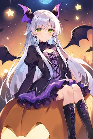 score_9, score_8_up,1girl, solo, , Altina Orion, white hair, long hair, sidelocks, tress ribbon, green eyes, flat chest, halloween dress, bat wings, multiple bat, purple bat ears, boots, floating, sitting on pumpkin, from below, looking at viewer, closed mouth, outdoors, night, glitter eyes,upper body, portrait, looking at viewer, smile