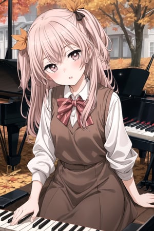 best quality, (masterpiece:1.2), detailed, dutch_angle, inui sajuna juju,1girl, solo, head tilt,parted_lips, blush,pink hair, pink eyes, long hair, looking at the viewer, two side up,

 Instrument: A girl playing a grand piano with piano keys visible, musical notes on the piano.,

 Multicolored Hair with Hair Ribbon: Hair featuring gradient hues, adorned with a hair ribbon.,

 Brown Dress and White Jacket: Outfit consisting of a brown dress paired with a white jacket.,

 Autumn Leaves: Incorporating the theme of autumn leaves in the background or as part of the scene. ,school uniform, sweater vest