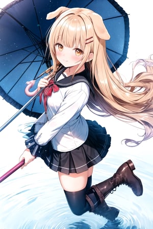 (wink: 1.1), long hair,curly hair, (folded dog ears: 1.1), best quality, masterpiece, highres, 1girl,  Mahiru Shiina, intricate details, hairpin, looking slightly shyly to the side, dynamic angle, from side, from above, 1girl, solo, holding {transparent umbrella}, looking at viewer, blush, black hair, hair ornaments, hairpin, frilled shirt, lacing sleeves, miniskirt, black legwear, boots, white background, ray tracing, blue light, {waterdrops}, ripples, reflection, light particles, bokeh,