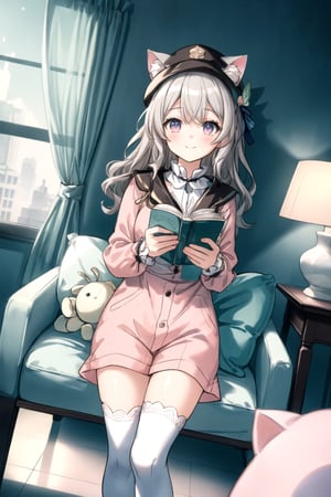 firefly \(honkai: star rail\), 1girl, solo, standing, grey hair, long hair, purple eyes, closed mouth, light smile, black thighhighs,

 
dutch angle, (masterpiece, best quality:1.3), 8k ultra detailed, CG, warm and cozy atmosphere, cute and girly aesthetic, pastel pink color scheme, scenic, standing, solo,

(grey hair, long hair with ombre from black to white, curly hair, wearing a cat ear-shaped hat, thigh-high socks),

scenic background:

A bright and cheerful pink-themed bedroom, decorated with soft and fluffy pillows in shades of pink.
The walls and furniture are all in light pink or pastel pink, creating a sweet and inviting ambiance.
Lace curtains adorn the windows, allowing warm sunlight to filter into the room, casting a soft glow.
Plush toys and other cute decorations can be seen scattered around the room, adding to its charm.
Character:

A young girl sitting on the bed, surrounded by plush toys or reading a book.
She is dressed in adorable pajamas or a cute outfit that matches the room's aesthetic.
Atmosphere:

Create a warm and inviting atmosphere, evoking feelings of comfort and coziness.
Incorporate iconic elements such as hearts, stars, or flowers to highlight the girl's personality and preferences.