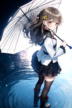 best quality, masterpiece, highres, 1girl,  Mahiru Shiina, intricate details, hairpin, looking slightly shyly to the side, dynamic angle, from side, from above, 1girl, solo, holding {transparent umbrella}, looking at viewer, blush, black hair, hair ornaments, hairpin, frilled shirt, lacing sleeves, miniskirt, black legwear, boots, white background, ray tracing, blue light, {waterdrops}, ripples, reflection, light particles, bokeh,