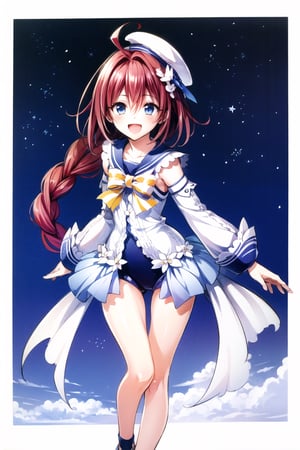 cowboy shot,1girl, kurosaki meia, solo, long hair, 😘,one-piece swimsuit,detached sleeves,sailor collar,sailor hat,blue eyes, braid, very long hair, open mouth, red hair, smile, hair ornament, white background, simple background, ahoge, full body, :d, single braid, looking at viewer,

 night city background, night sky, stars, cloud, shooting star