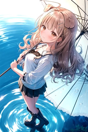 lace bra, long hair,curly hair, (folded dog ears: 1.1), best quality, masterpiece, highres, 1girl,  Mahiru Shiina, intricate details, hairpin, looking slightly shyly to the side, dynamic angle, from side, from above, 1girl, solo, holding {transparent umbrella}, looking at viewer, blush, black hair, hair ornaments, hairpin, frilled shirt, lacing sleeves, miniskirt, black legwear, boots, white background, ray tracing, blue light, {waterdrops}, ripples, reflection, light particles, bokeh,