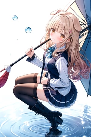 wink, long hair,curly hair, (folded dog ears: 1.1), best quality, masterpiece, highres, 1girl,  Mahiru Shiina, intricate details, hairpin, looking slightly shyly to the side, dynamic angle, from side, from above, 1girl, solo, holding {transparent umbrella}, looking at viewer, blush, black hair, hair ornaments, hairpin, frilled shirt, lacing sleeves, miniskirt, black legwear, boots, white background, ray tracing, blue light, {waterdrops}, ripples, reflection, light particles, bokeh,