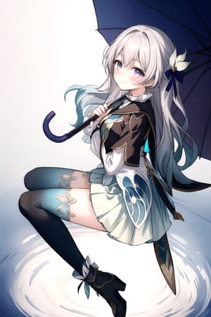 1girl,firefly \(honkai: star rail\),grey hair,long hair,purple eyes,closed mouth,light smile, black thighhighs, best quality, masterpiece, highres, intricate details, looking slightly shyly to the side, dynamic angle, from side, from above, 1girl, solo, holding {transparent umbrella}, looking at viewer, blush, frilled shirt, lacing sleeves, miniskirt, boots, white background, ray tracing, blue light, {waterdrops}, ripples, reflection, light particles, bokeh,