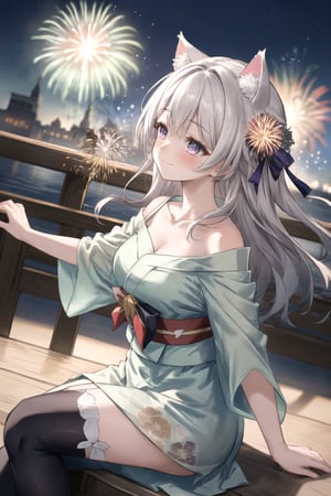 open arms,out stretched arms, open_clothes,nsfw, cat ears,1girl,firefly \(honkai: star rail\),grey hair,long hair,purple eyes,closed mouth,light smile, black thighhighs, best quality, masterpiece, highres, intricate details, looking slightly shyly to the side, dynamic angle, from above, 

 off shoulders, bare_shilders, bare_neck, collarbone, thighs,Detailedface,High detaile,sntdrs, ultra details, cowboy shot, DonMN30nChr1stGh0sts, 
 (festival, night, fireworks), yukata, viewing from below, viewing from side, smiling, blush, beautiful detailed hair, beautiful detailed skin, beautiful detailed light, shade, summer, sunshine (((fireworks, flowers, fire))), ((sitting))