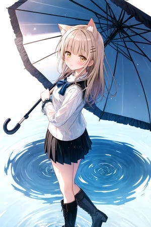 cat ears, best quality, masterpiece, highres, 1girl,  Mahiru Shiina, intricate details, hairpin, looking slightly shyly to the side, dynamic angle, from side, from above, 1girl, solo, holding {transparent umbrella}, looking at viewer, blush, black hair, hair ornaments, hairpin, frilled shirt, lacing sleeves, miniskirt, black legwear, boots, white background, ray tracing, blue light, {waterdrops}, ripples, reflection, light particles, bokeh,