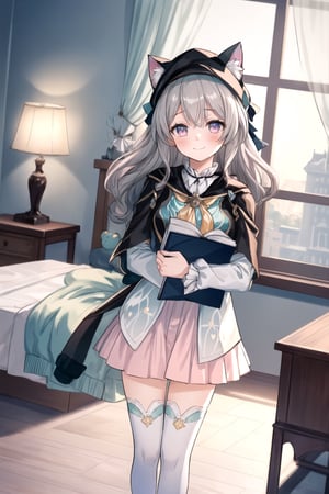 firefly \(honkai: star rail\), 1girl, solo, grey hair, long hair, purple eyes, closed mouth, light smile, black thighhighs,

 
head tilt, dutch angle, (masterpiece, best quality:1.3), 8k ultra detailed, CG, warm and cozy atmosphere, cute and girly aesthetic, pastel pink color scheme, scenic, standing, solo,

(grey hair, long hair with ombre from black to white, curly hair, wearing a cat ear-shaped hat, thigh-high socks),

scenic background:

A bright and cheerful pink-themed bedroom, decorated with soft and fluffy pillows in shades of pink.
The walls and furniture are all in light pink or pastel pink, creating a sweet and inviting ambiance.
Lace curtains adorn the windows, allowing warm sunlight to filter into the room, casting a soft glow.
Plush toys and other cute decorations can be seen scattered around the room, adding to its charm.
Character:

A young girl sitting on the bed, surrounded by plush toys or reading a book.
She is dressed in adorable pajamas or a cute outfit that matches the room's aesthetic.
Atmosphere:

Create a warm and inviting atmosphere, evoking feelings of comfort and coziness.
Incorporate iconic elements such as hearts, stars, or flowers to highlight the girl's personality and preferences.