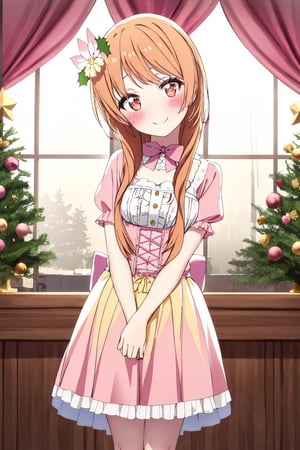 (christmas setting: 1.1),(masterpiece), (solo: 1.2), smile, Sweet Lolita fashion, kawaii elements, lace and bow embellishments, pastel color palette (pink, blue, pale yellow), high-waisted silhouette, knee-length skirt, 'doll dress' style, lace-trimmed petticoat, adorable and innocent, Lolita fashion staple, (long hair: 1.2), hair flower, 1girl, (blush: 1.2), head tilt,