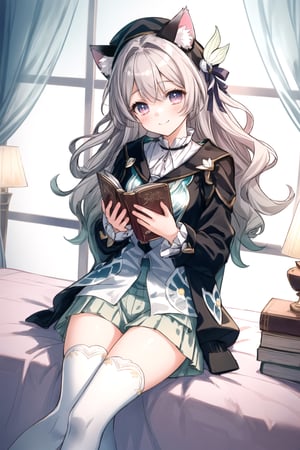 firefly \(honkai: star rail\), 1girl, solo, grey hair, long hair, purple eyes, closed mouth, light smile, black thighhighs,

 
head tilt, dutch angle, (masterpiece, best quality:1.3), 8k ultra detailed, CG, warm and cozy atmosphere, cute and girly aesthetic, pastel pink color scheme, scenic, standing, solo,

(grey hair, long hair with ombre from black to white, curly hair, wearing a cat ear-shaped hat, thigh-high socks),

scenic background:

A bright and cheerful pink-themed bedroom, decorated with soft and fluffy pillows in shades of pink.
The walls and furniture are all in light pink or pastel pink, creating a sweet and inviting ambiance.
Lace curtains adorn the windows, allowing warm sunlight to filter into the room, casting a soft glow.
Plush toys and other cute decorations can be seen scattered around the room, adding to its charm.
Character:

A young girl sitting on the bed, surrounded by plush toys or reading a book.
She is dressed in adorable pajamas or a cute outfit that matches the room's aesthetic.
Atmosphere:

Create a warm and inviting atmosphere, evoking feelings of comfort and coziness.
Incorporate iconic elements such as hearts, stars, or flowers to highlight the girl's personality and preferences.