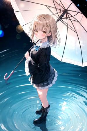 best quality, masterpiece, highres, 1girl,  Mahiru Shiina, intricate details, hairpin, looking slightly shyly to the side, dynamic angle, from side, from above, 1girl, solo, holding {transparent umbrella}, looking at viewer, blush, black hair, hair ornaments, hairpin, frilled shirt, lacing sleeves, miniskirt, black legwear, boots, white background, ray tracing, blue light, {waterdrops}, ripples, reflection, light particles, bokeh,