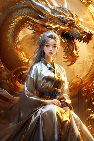 masterpiece, top quality, best quality, official art, beautiful and aesthetic:1.2), (1girl:1.3), chinese dragon, eastern dragon, golden line, (silver theme:1.6), volumetric lighting, ultra-high quality, photorealistic, sky background,3va,Circle,Realism
