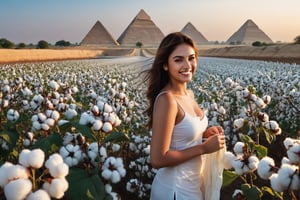 On a twilight afternoon, as the sun slowly sets, a pretty, buxom, smiling girl with clean teeth stands in a cotton field near the pyramid, washing her clothes using river water. Create an innovative, visually striking composition that embodies the essence of this particular photo shoot. Prioritize photorealistic rendering, seamlessly integrating models and cityscape into a breathtaking panorama. Focus on capturing the play of light and shadow, highlighting the dramatic contrast between the models' shapes and the cityscape. Push the limits of machine creativity to produce a cinematic image of the highest quality, that will leave a lasting impression.,FilmGirl