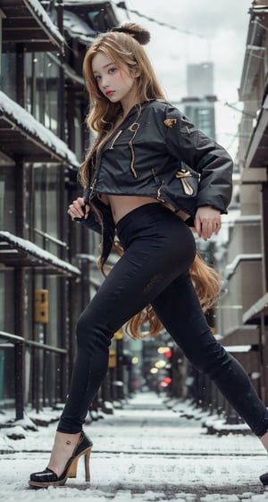 18-year-old girl, tops of various styles,   yoga pants, casual pose, real, wearing high heels, high quality, wavy blond hair, realistic eyes, background scene walking on a commercial street, style_parody,snow_scene_background,Sexy Pose