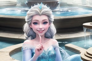 a 4 yo girl, Disney Princess Elsa's style and cloths, The background is in front of the fountain in Elsa's palace from the movie, penetrating sunlight shining on her face, and a smile,Clone faces in photos