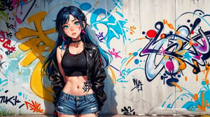 (masterpiece, best quality ), (colorful), (seductive) , Kuki Shinobu Genshin Effect, masterpiece, bestquality, 1girls, 30 year old ,medium breasts, bara, crop top, shorts jeans, choker, (Graffiti:1.5), color splashes, arm behind back, against wall, looking at the audience, bracelet, Thigh strap, Paint on the body......................................., Head tilt, bored, multicolored hair, water eyes, headset, landscape,