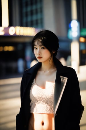 (8k, RAW Photos, top-quality, ​masterpiece:1.2), (realisitic, Photorealsitic:1.37), physically-based renderingt, 女の子1人, japanes, 25-years old, femele, A photo that shows the entire body, during daytime, A city scape, Street, natural soft light, photon maping, Radio City, delicate brushwork, evocative use of light and shadow, wide shot,color contrast,small head, Well-proportioned body,   coat, bikini 