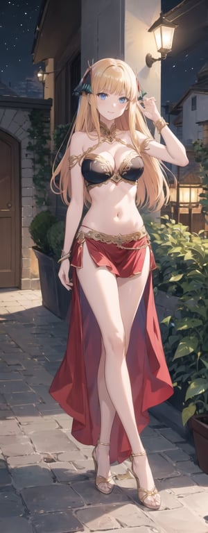 masterpiece, illustration, semi-anime, best detailed, Clear picture, 8K,  beautiful face, looking at viewer, (masterpiece, high quality:1.2),

short skirt, navel, small_breasts, narrow waist, garden, lustrous skin, cleavage, happy, sexy, long hair, full body, slim legs, long leg, blue eyes, mesmerizing, bare_shoulder, red Arabian belly dancer gown, nn1, blonde hair, legs_apart, night 