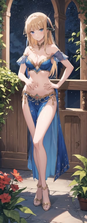 masterpiece, illustration, semi-anime, best detailed, Clear picture, 8K,  beautiful face, looking at viewer, (masterpiece, high quality:1.2),

short skirt, navel, small_breasts, narrow waist, garden, lustrous skin, cleavage, happy, sexy, long hair, full body, slim legs, long leg, blue eyes, mesmerizing, bare_shoulder, red Arabian belly dancer gown, nn1, blonde hair, legs_apart, night 