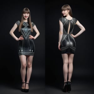 ((Front and back detail view)) Finnish girl. (Fashion Lookbook) Stunning. Smiling. Detailed High heels. Skinny body. Long hair with bangs. Wide hips. Color eyelashes. Happy. Carbon and diamond mini tight dress. Standing. Pale skin. Black background. Phosphorescent hair and clothes. Dark. No light.
