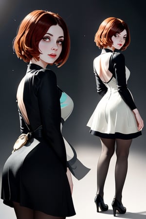 A close-up shot of a standing confidently against a dark background. ((Front and back orthographic view))(Elizabeth from Bioshock) She wears a mini see through dress that showcases her toned legs, paired with opaque black pantyhose that adds a touch of sophistication. Her bright blonde hair is styled neatly, framing her face as she gazes directly at the camera with a hint of mischief in her eyes. Slight false smile