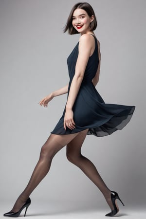 A stunning young woman is depicted in a dynamic pose, showcasing her figure-hugging flowy cocktail dress that falls just above the knees. The camera captures her from both front and back orthographic views, highlighting her striking features. Her dark black pantyhose provides a sleek contrast to her porcelain-pale skin, which glows with a healthy creaminess. Wide hips are accentuated by her slender body, giving her a svelte silhouette. A bright smile spreads across her face, exuding girly charm. Her blunt bob haircut adds to her edgy yet feminine allure. High heels elevate her height, making her feel confident and glamorous.