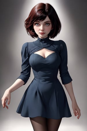 A close-up shot of a standing confidently against a dark background. (Elizabeth from Bioshock) She wears a mini see through dress that showcases her toned legs, paired with opaque black pantyhose that adds a touch of sophistication. Her bright blonde hair is styled neatly, framing her face as she gazes directly at the camera with a hint of mischief in her eyes. Slight false smile