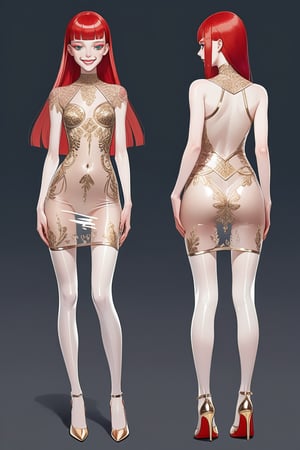 ((Front and back detail view)) Finnish girl. (Fashion Lookbook) Stunning. Smiling. Detailed High heels. Skinny body. Long hair with bangs. Wide hips. Happy. mini tight transparente see through dress. Standing. Pale skin. Red hair. Detailed eyes