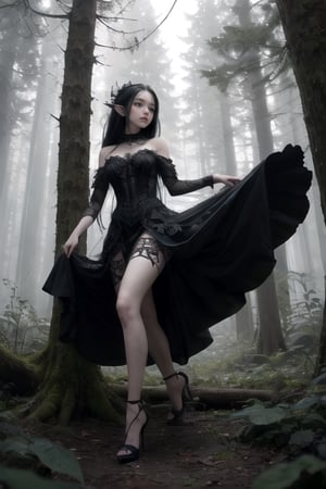 High heels. Detailed and intricate. Elf. black hair. Gothic black dress. forest. POV from below view. porcelain skin,DonMF41ryW1ng5