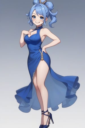 Tight blue dress, Smile. Yelan from Genshin Impact, High heels. Back and front view. Same character and outfit,(genshin_impact)