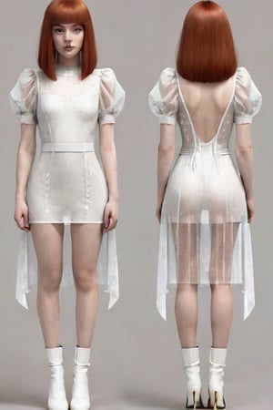 ((Front and back orthographic view)) (sheer see thought  gothic dress). Freckles. Redhead blunt bob haircut with straight curtains. Skinny Body. Wide hips. Light smile. Pale creamy skin.