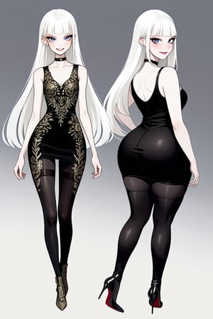 ((Front and back detail view)) Finnish girl. (Fashion Lookbook) Stunning. Smiling. Detailed High heels. Skinny body. Long hair with bangs. Wide hips. Eye shadows. Happy. White mini tight dress. Standing. Pale skin. Black pantyhose