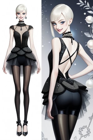 ((Front and back detail view)) Finnish girl. (Fashion Lookbook) Stunning. Smiling. Detailed High heels. Skinny body. Long hair with bangs. Wide hips. Eye shadows. Happy. White pearl and diamond layered tulle mini tight dress. Standing. Pale skin. Black pantyhose
