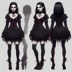 Very detailed eyes. Minidress. Vampire girl. Happy. High heels. Dark style. Pale skin. Front and back orthographic view. Same character and same outfit. High quality. Dark romanticism