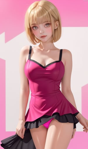 A close-up shot of a blunt bob redhead girl standing confidently against a color background. She wears a mini transparent pink dress that showcases her underwear, paired with opaque black pantyhose that adds a touch of sophistication. Her bright blonde hair is styled neatly, framing her face as she gazes directly at the camera with a hint of mischief in her eyes.