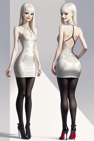 ((Front and back detail view)) Finnish girl. (Fashion Lookbook) Stunning. Smiling. Detailed High heels. Skinny body. Long hair with bangs. Wide hips. Eye shadows. Happy. White mini tight dress. Standing. Pale skin. Black pantyhose
