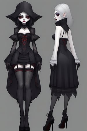 Very detailed eyes. Minidress. Vampire girl. Happy. High heels. Dark style. Pale skin. Front and back orthographic view. Same character and same outfit