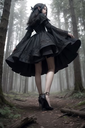 High heels. Detailed and intricate. Elf. black hair. Gothic black dress. forest. POV from below view. porcelain skin,DonMF41ryW1ng5