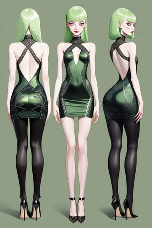 ((Front and back detail view)) Finnish girl. (Fashion Lookbook) Stunning. Smiling. Detailed High heels. Skinny body. Long hair with bangs. Wide hips. Color eyelashes. Happy. Carbon and diamond mini tight dress. Standing. Pale skin. Light green hair