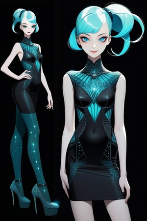 ((Front and back detail view)) Finnish girl. (Fashion Lookbook) Stunning. Smiling. Detailed High heels. Skinny body. Long hair with bangs. Wide hips. Color eyelashes. Happy. Carbon and diamond mini tight dress. Standing. Pale skin. Blue teal hair. Black background. Phosphorescent hair and clothes. Dark. No light.