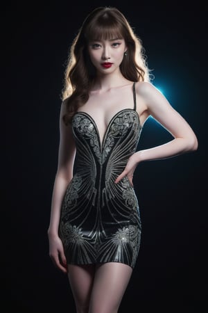 A stunning model stands confidently in a dark, black background, her pale skin glowing softly. Her long, curly hair cascades down her back with bangs framing her heart-shaped face, and her bright, color eyelashes sparkle. She wears a phosphorescent mini dress, and accentuating her slender figure and wide hips. High heels add a touch of glamour as she stands in a detailed view from both front and back, showcasing the intricate design on her shoes. Her happy expression radiates warmth, drawing attention to the overall stunning fashion lookbook moment.