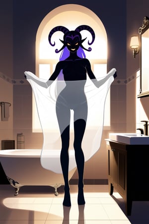 Holding a translucent towel, bathroom. Light shine smile. Wide thighgap. Frontal view. Syndra from league of legends,see-through_silhouette