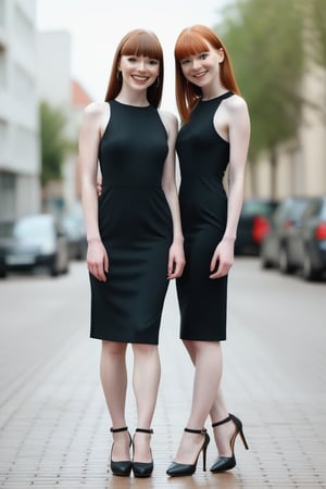 ((Front and back detail view)) (Fashion Lookbook) Stunning. Smiling. Detailed High heels. Skinny body. Long hair with bangs. Wide hips. Color eyelashes. Happy. Black oil mini tight dress. Standing. Pale skin. Freckled natural redhead