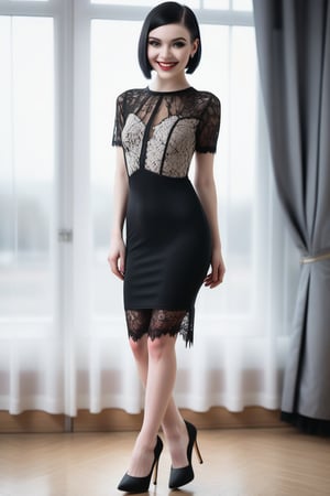 ((Front and back detail view)) (Fashion Lookbook) Stunning. Smiling. Detailed High heels. Skinny body. Short hair with curtains. Wide hips. Color eyelashes. Happy. Black seethrough lace rave tight dress. Standing. Pale skin. Black hair,
