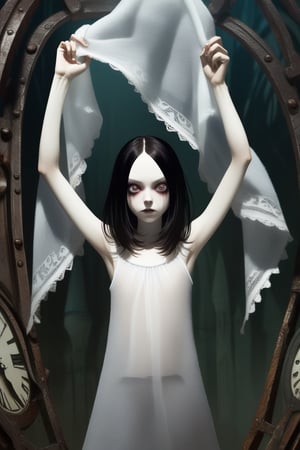 Holding up a translucent towel, visible body behind. Frontal view. Alice form Alice madness returns. 