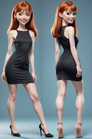 ((Front and back detail view)) (Fashion Lookbook) Stunning. Smiling. Detailed High heels. Skinny body. Long hair with bangs. Wide hips. Color eyelashes. Happy. Black oil mini tight dress. Standing. Pale skin. Freckled natural redhead,3d toon style