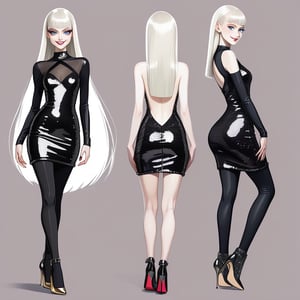 ((Front and back detail view)) Finnish girl. (Fashion Lookbook) Stunning. Smiling. Detailed High heels. Skinny body. Long hair with bangs. Wide hips. Color eyelashes. Happy. Carbon and diamond sequin mini tight dress. Standing. Pale skin.