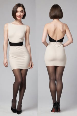 ((Front and back orthographic view)) flowy cocktail  dress. Black Pantyhose. wide hips. Skinny body. Smiling girly. Bob blunt haircut. High heels. Pale skin, creamy skin