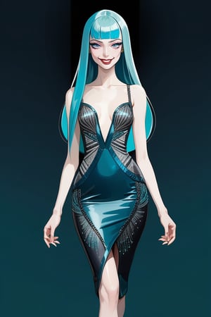 ((Front and back detail view)) Finnish girl. (Fashion Lookbook) Stunning. Smiling. Detailed High heels. Skinny body. Long hair with bangs. Wide hips. Color eyelashes. Happy. Carbon and diamond mini tight dress. Standing. Pale skin. Blue teal hair